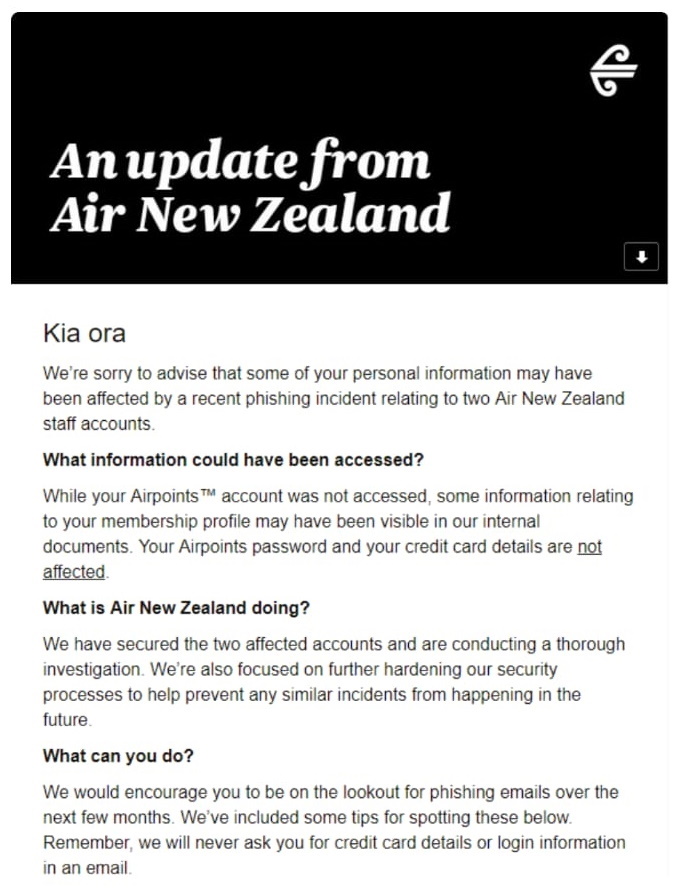 Customer Information Exposed In Air New Zealand Phishing Attack